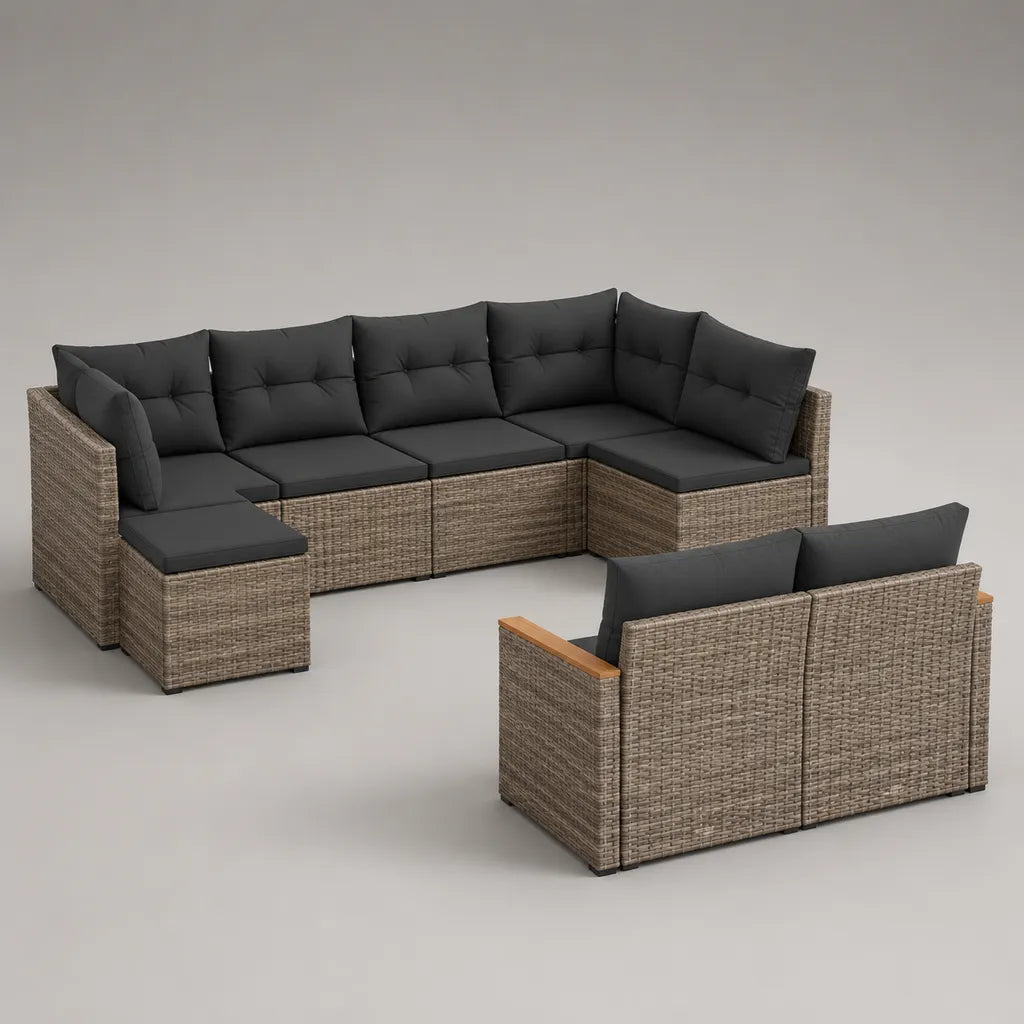 9-teilige Gartenlounge für 8 Personen aus PE-Rattan und Stahl mit Polstern, Eckform, Taupe und Anthrazit, 271 × 196 × 64 cm