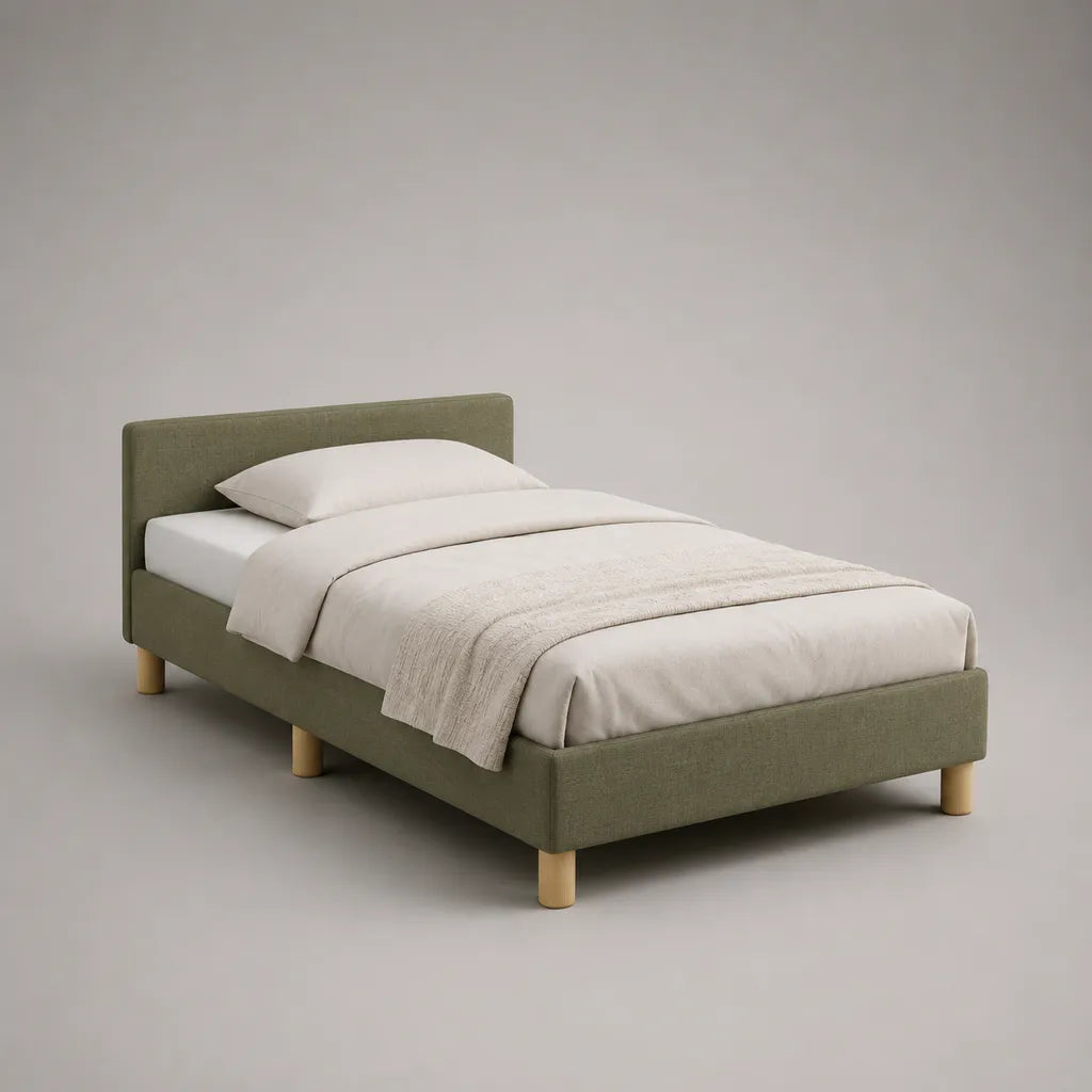 Polsterbett Einzelbett 120 × 200 cm mit Polyesterbezug, Olivgrün/Natur, 128 × 215 × 90 cm