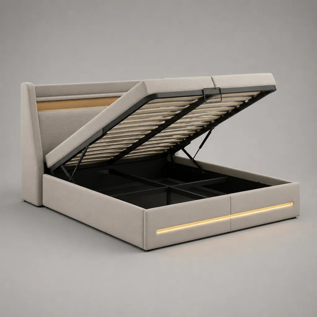 Stauraum-Polsterbett mit LED-Beleuchtung, Bettkasten und Lattenrost, Polyester-Velours, Beige/Schwarz, Liegefläche 180 × 200 cm, Gesamtmaß 218 × 196 × 110 cm