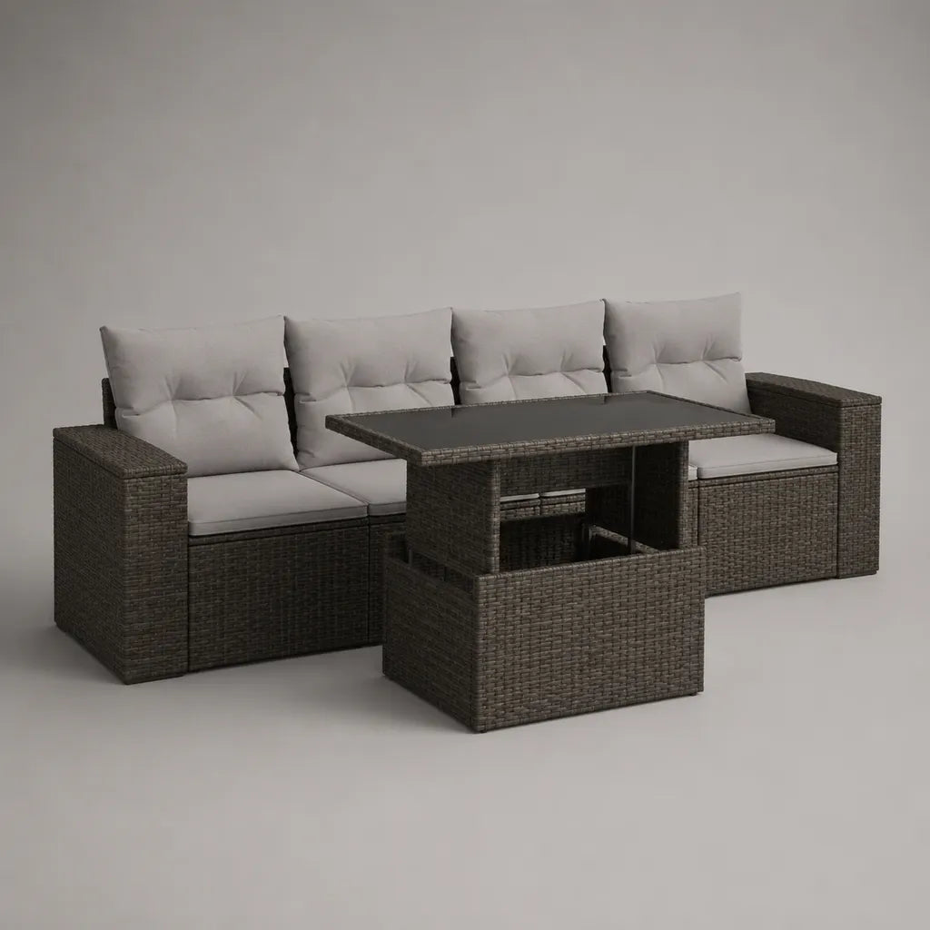 2-teiliges Gartensofa mit Esstisch für 4 Personen aus PE-Rattan, Stahl und Glas, Dunkelgrau/Hellgrau, Sofa 228 × 70 × 75 cm, Tisch 120 × 70 × 65 cm