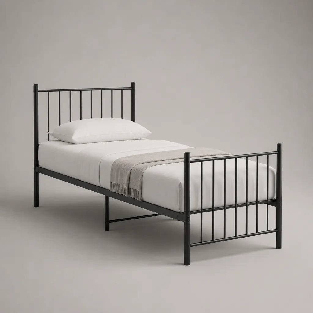 Metallbett Einzelbett, Schwarz, Liegefläche 90 × 200 cm, Gesamtmaß 208 × 96 × 100 cm