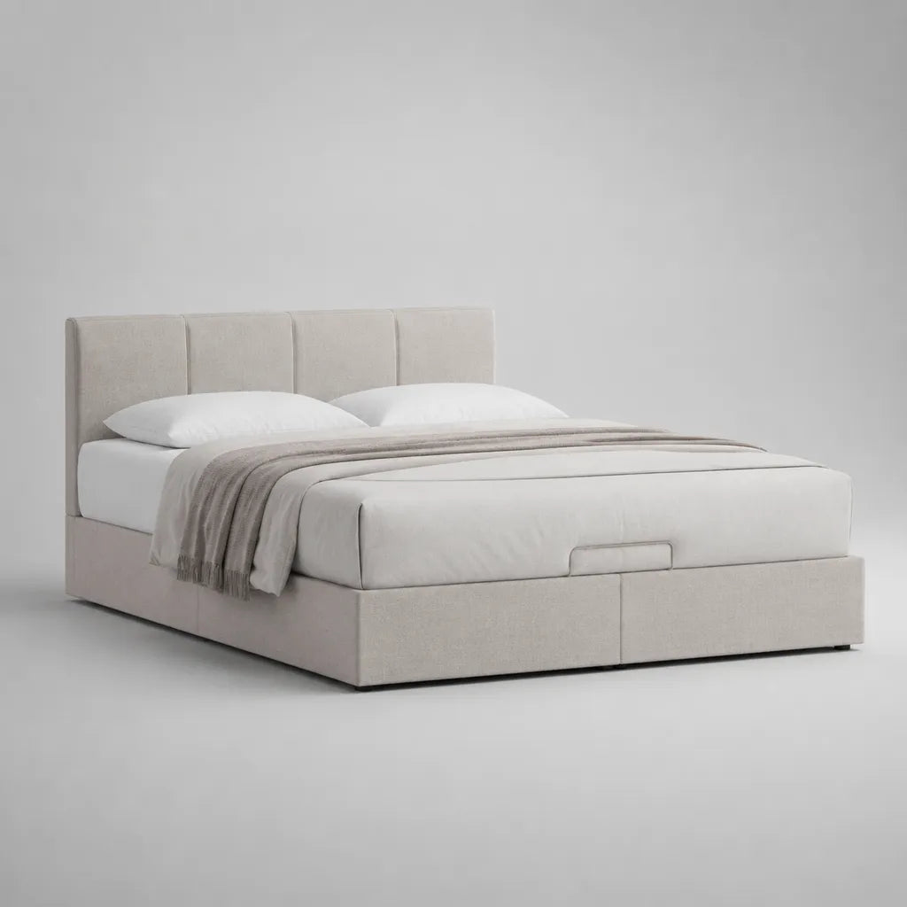 Polsterbett mit Bettkasten, Doppelbett 160 × 200 cm, Polyesterbezug, Beige, 172 × 217 × 110 cm