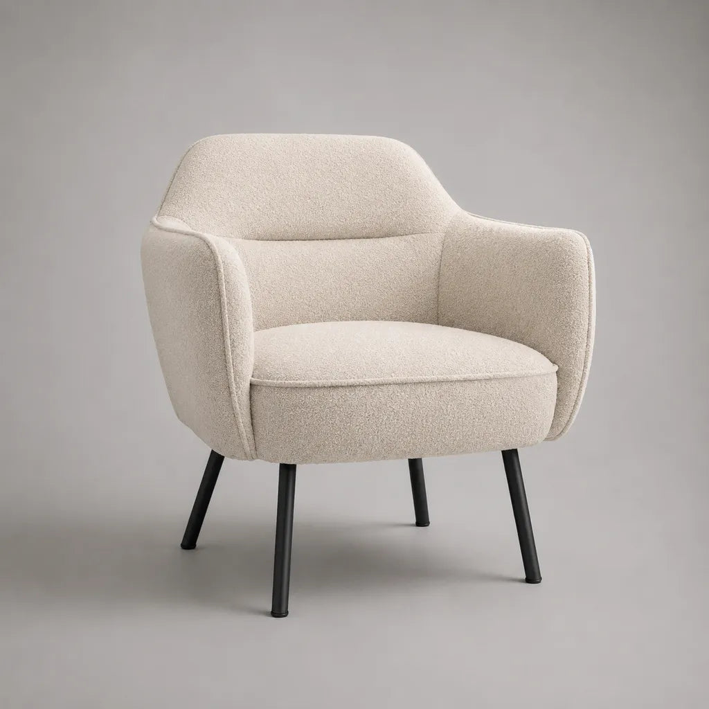 Loungesessel mit Armlehnen, Polyester-Bouclé und Stahl, Creme und Schwarz, 78 × 74 × 80 cm