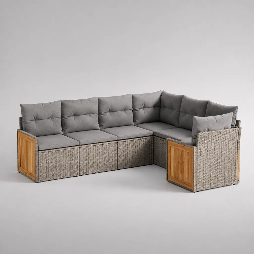 5-Sitzer-Gartenecksofa-Set aus PE-Rattan und Akazien-Massivholz, L-Form, Grau, Dunkelgrau und Naturbraun, 230 × 170 × 80 cm