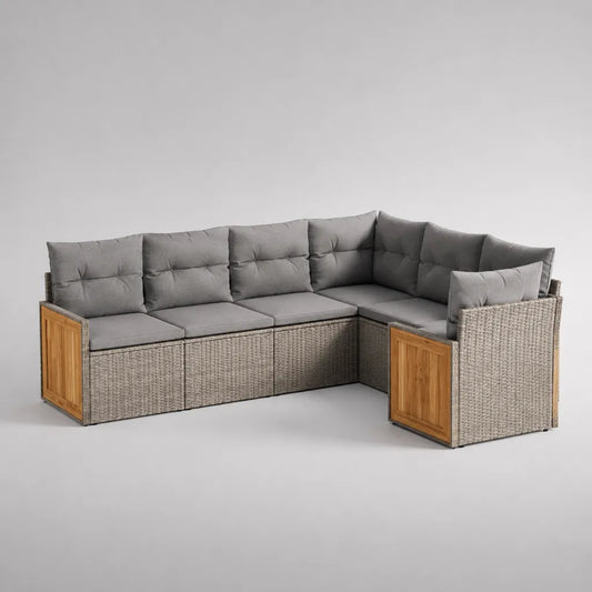 5-Sitzer-Gartenecksofa-Set aus PE-Rattan und Akazien-Massivholz, L-Form, Grau, Dunkelgrau und Naturbraun, 230 × 170 × 80 cm