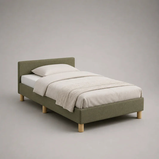 Polsterbett Einzelbett 120 × 200 cm mit Polyesterbezug, Olivgrün/Natur, 128 × 215 × 90 cm