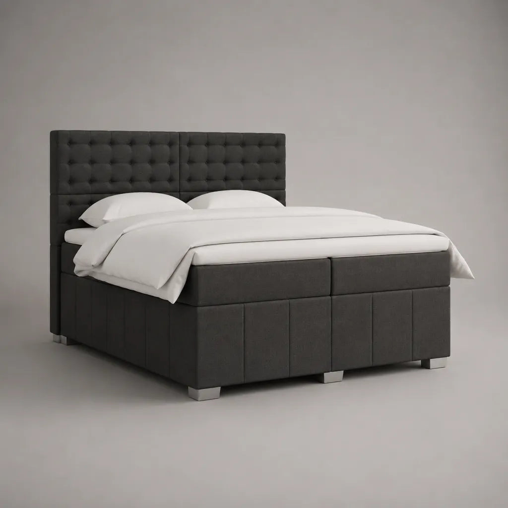 Boxspringbett 180 × 200 cm mit Taschenfederkernmatratze, Topper und Polyesterbezug, Anthrazit/Silber