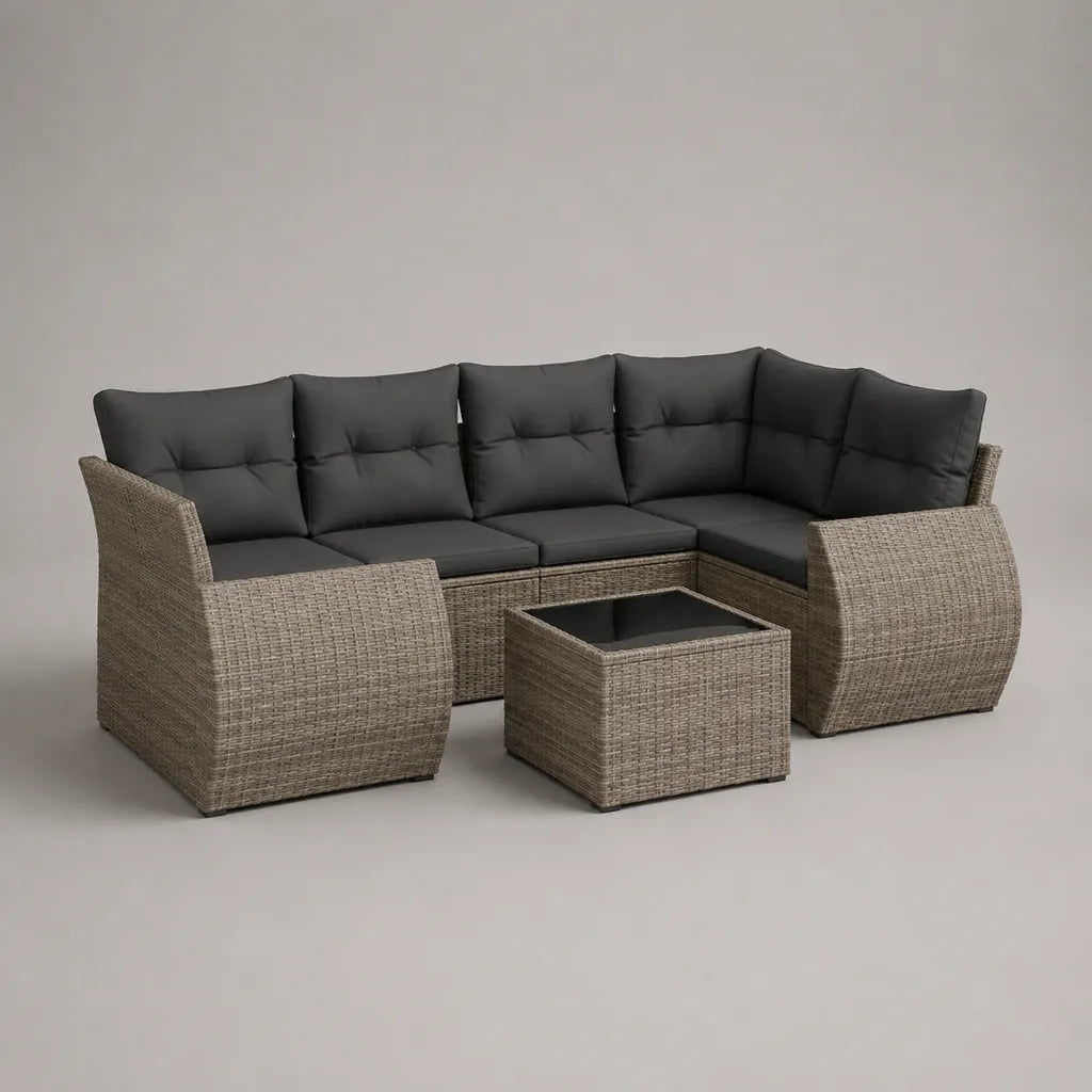 3-teiliges L-förmiges Gartensofa-Set aus PE-Rattan, Metall und Glas mit Tisch, Greige/Anthrazit/Schwarz, 228 × 178 × 80 cm