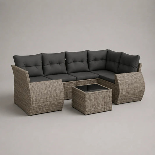 3-teiliges L-förmiges Gartensofa-Set aus PE-Rattan, Metall und Glas mit Tisch, Greige/Anthrazit/Schwarz, 228 × 178 × 80 cm