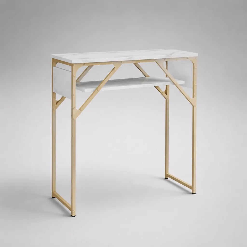 Konsolentisch mit Ablage aus MDF und Stahl, Weiß-Grau in Marmoroptik und Goldfarben, 80 x 30 x 80 cm
