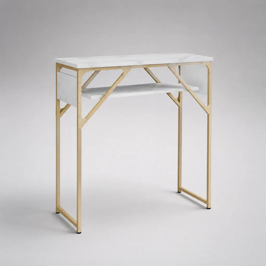 Konsolentisch mit Ablage aus MDF und Stahl, Weiß-Grau in Marmoroptik und Goldfarben, 80 x 30 x 80 cm