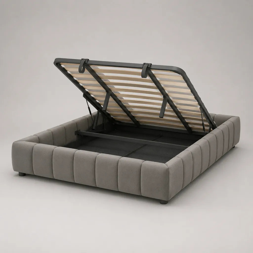 Stauraumbett 180 × 200 cm, graues Polsterbett mit Bettkasten, Hub-Lattenrost und Samtbezug, 220 × 220 × 45 cm