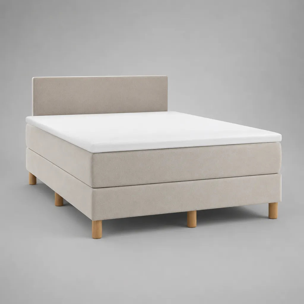 Boxspringbett-Komplettset 160 × 200 cm in Beige mit Taschenfederkernmatratze und Topper, Gesamtmaß 160 × 208 × 110 cm