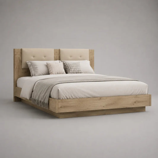 Doppelbett aus Holzwerkstoff mit gepolstertem Kopfteil, Eichefarben und Beige, Liegefläche 180 x 200 cm