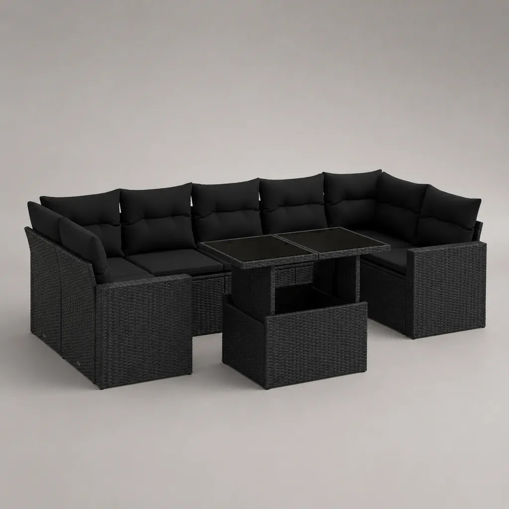 8-Sitzer-Gartensofa-Set aus PE-Rattan mit Stahlrahmen, 2 Glastischen und 2 Hockern, U-Form, Schwarz, 243 × 243 × 74 cm