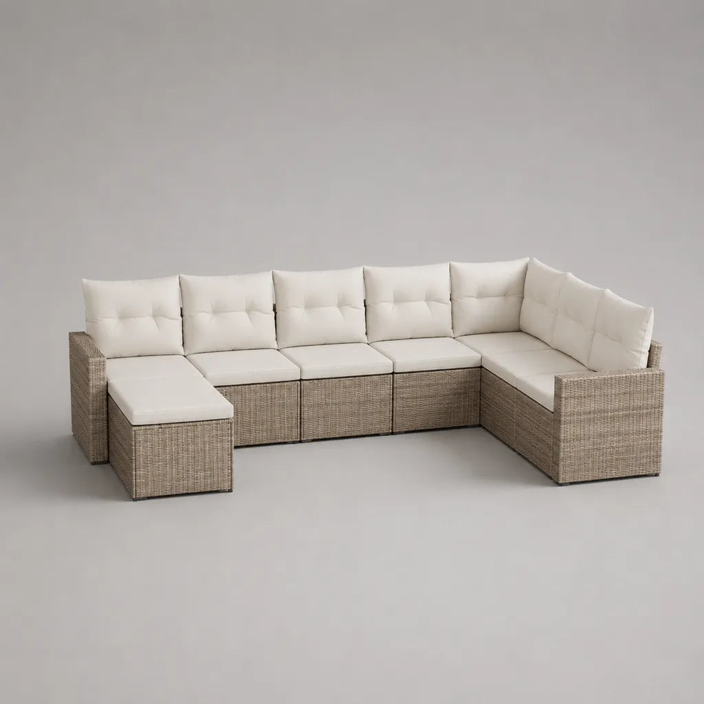 U-förmiges Gartensofa, 5-Sitzer aus PE-Rattan und Metall mit Polyesterpolstern, Beige und Creme, ca. 305 × 180 × 75 cm