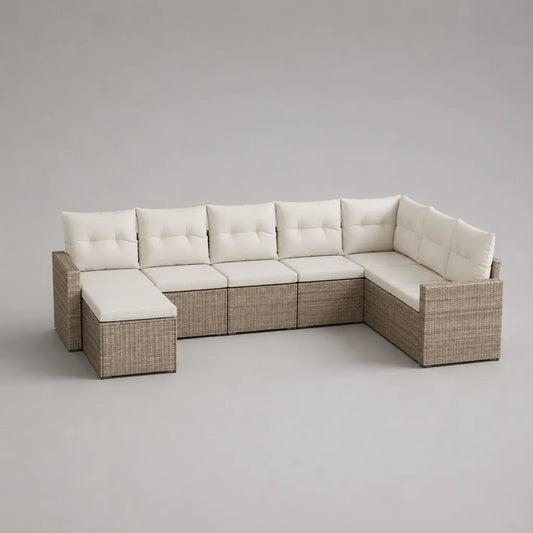 U-förmiges Gartensofa, 5-Sitzer aus PE-Rattan und Metall mit Polyesterpolstern, Beige und Creme, ca. 305 × 180 × 75 cm