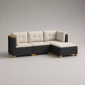 3-teiliges Gartensofa-Ecksofa, 3-Sitzer aus PE-Rattan, Stahl und Holz, Schwarz/Creme/Naturbraun, 218 × 145 × 73 cm