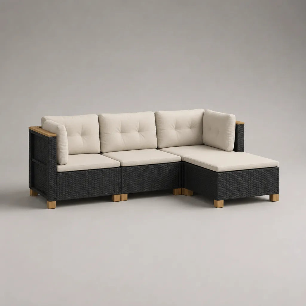 3-teiliges Gartensofa-Ecksofa, 3-Sitzer aus PE-Rattan, Stahl und Holz, Schwarz/Creme/Naturbraun, 218 × 145 × 73 cm