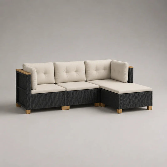 3-teiliges Gartensofa-Ecksofa, 3-Sitzer aus PE-Rattan, Stahl und Holz, Schwarz/Creme/Naturbraun, 218 × 145 × 73 cm
