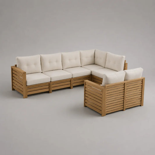 7-teiliges modulares Gartensofa aus massivem Akazienholz mit Polyesterkissen, Naturbraun und Cremeweiß, je Modul 68 × 68 × 65 cm